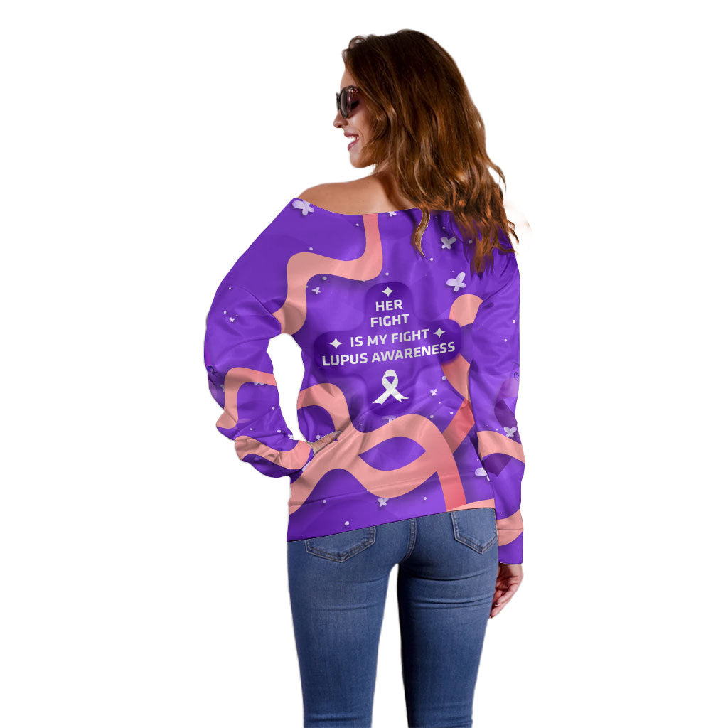 Lupus Awareness Off Shoulder Sweater Her Fight Is My Fight - Purple Ribbon Butterfly Wave Style