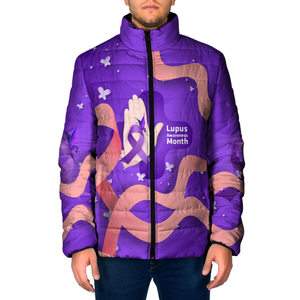 Lupus Awareness Padded Jacket Her Fight Is My Fight - Purple Ribbon Butterfly Wave Style