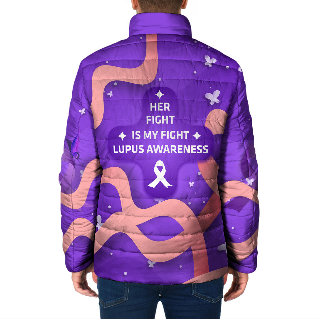 Lupus Awareness Padded Jacket Her Fight Is My Fight - Purple Ribbon Butterfly Wave Style
