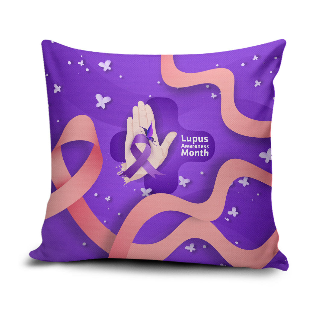 Lupus Awareness Pillow Cover Her Fight Is My Fight - Purple Ribbon Butterfly Wave Style