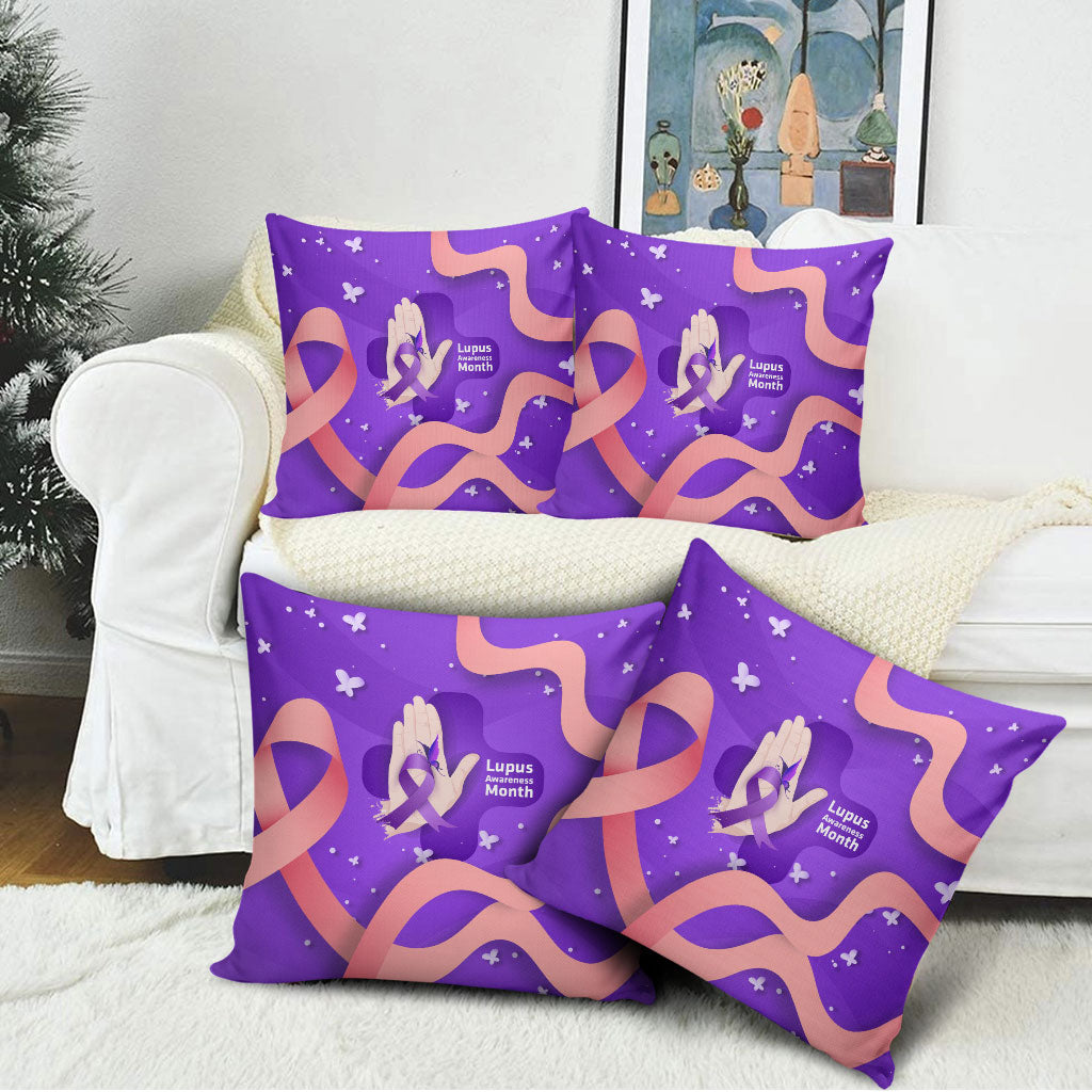 Lupus Awareness Pillow Cover Her Fight Is My Fight - Purple Ribbon Butterfly Wave Style