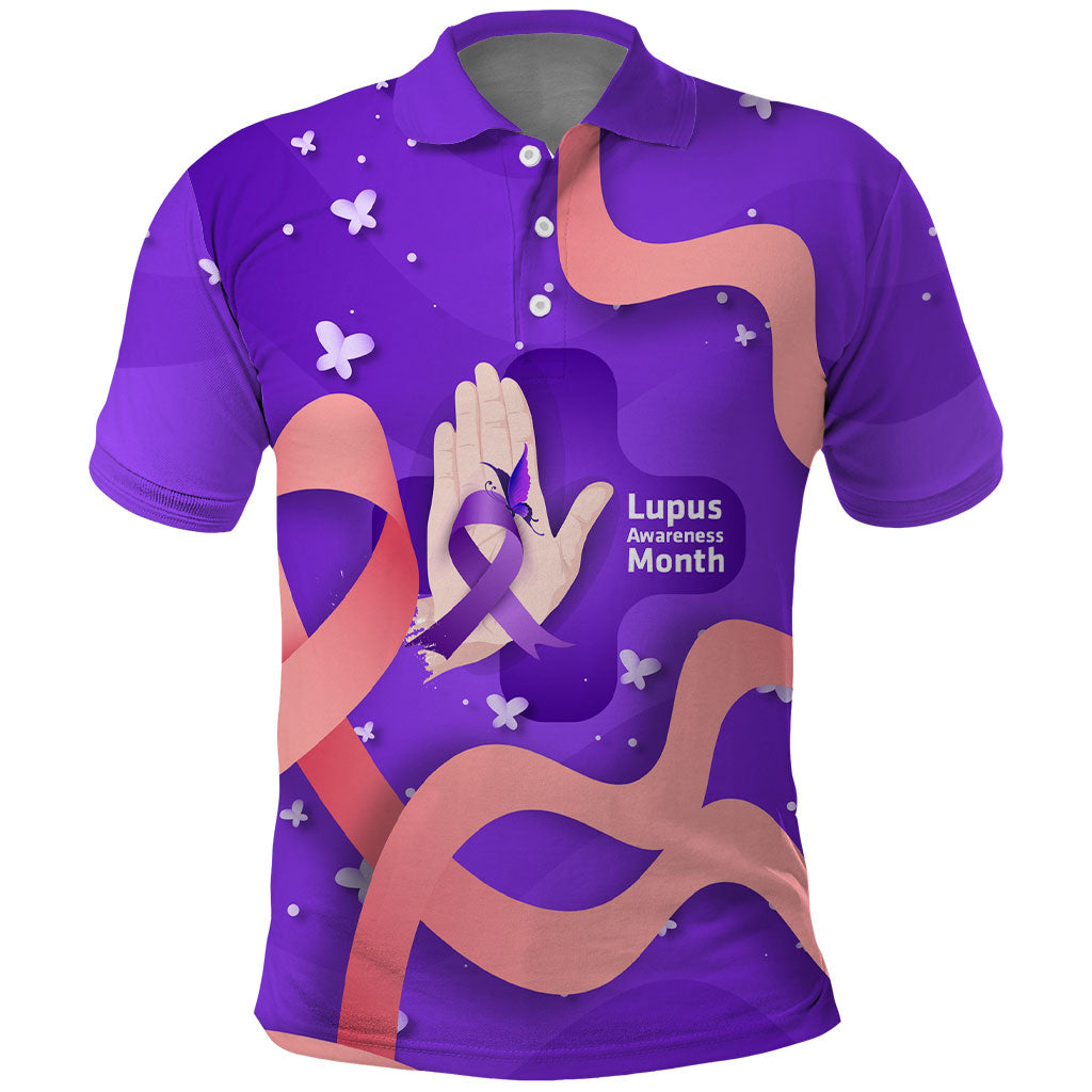 Lupus Awareness Polo Shirt Her Fight Is My Fight - Purple Ribbon Butterfly Wave Style