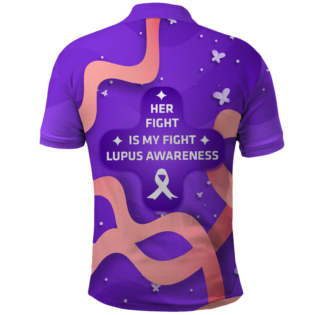 Lupus Awareness Polo Shirt Her Fight Is My Fight - Purple Ribbon Butterfly Wave Style