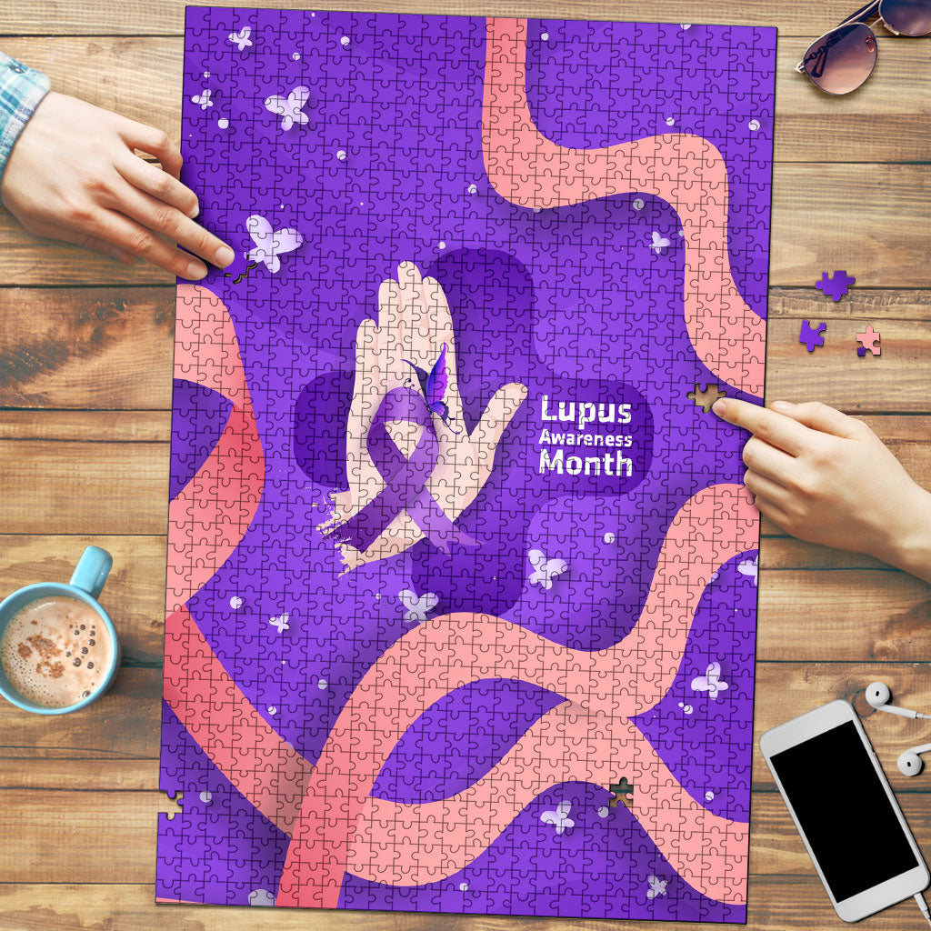 Lupus Awareness Puzzle Her Fight Is My Fight - Purple Ribbon Butterfly Wave Style
