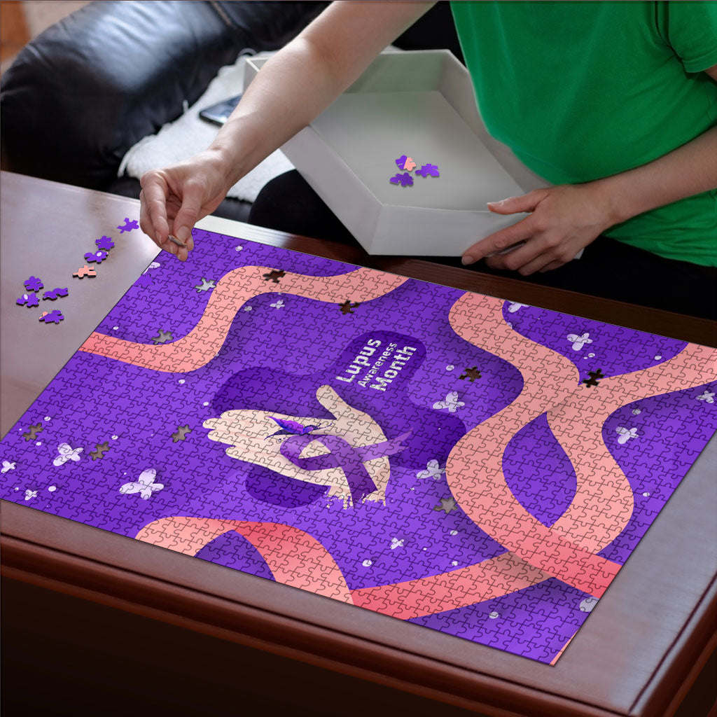 Lupus Awareness Puzzle Her Fight Is My Fight - Purple Ribbon Butterfly Wave Style