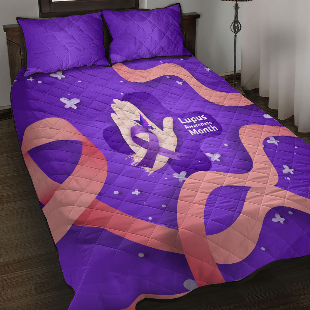 Lupus Awareness Quilt Bed Set Her Fight Is My Fight - Purple Ribbon Butterfly Wave Style