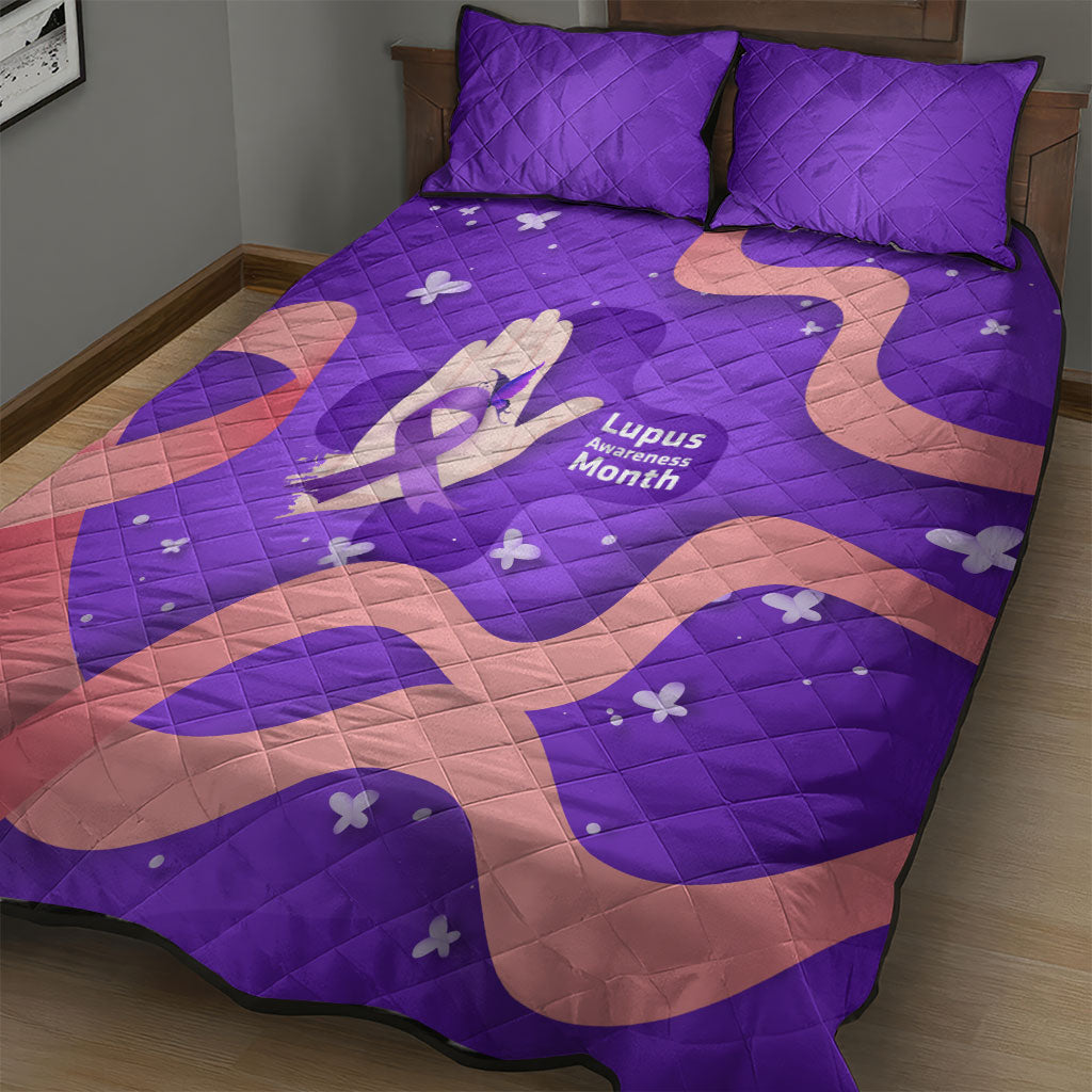 Lupus Awareness Quilt Bed Set Her Fight Is My Fight - Purple Ribbon Butterfly Wave Style