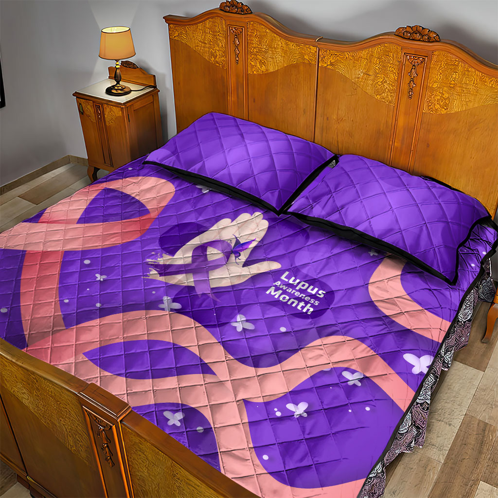 Lupus Awareness Quilt Bed Set Her Fight Is My Fight - Purple Ribbon Butterfly Wave Style