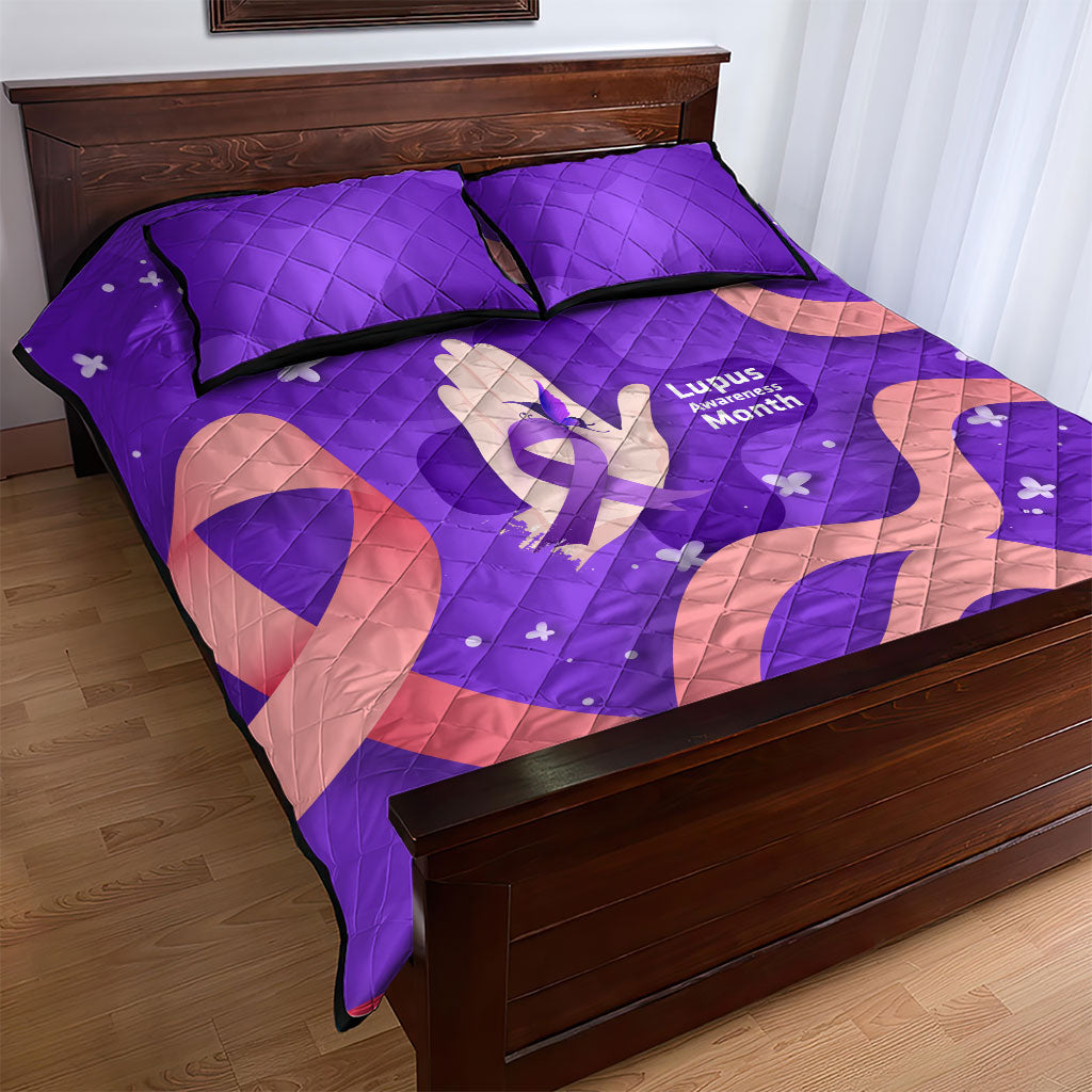 Lupus Awareness Quilt Bed Set Her Fight Is My Fight - Purple Ribbon Butterfly Wave Style