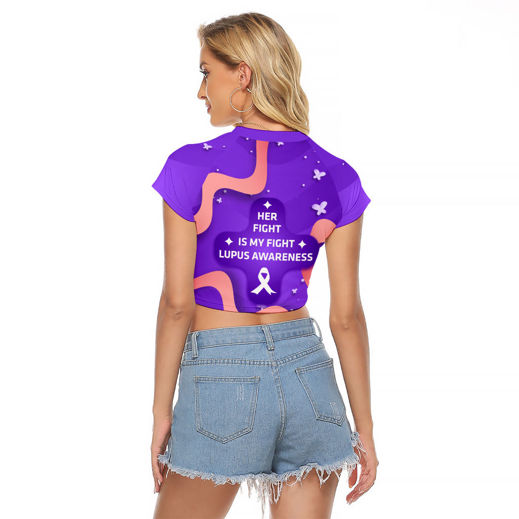 Lupus Awareness Raglan Cropped T Shirt Her Fight Is My Fight - Purple Ribbon Butterfly Wave Style