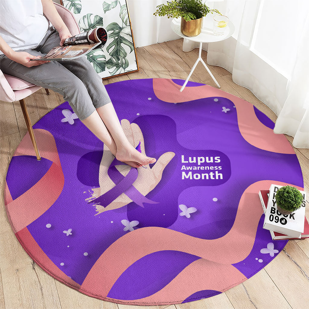 Lupus Awareness Round Carpet Her Fight Is My Fight - Purple Ribbon Butterfly Wave Style