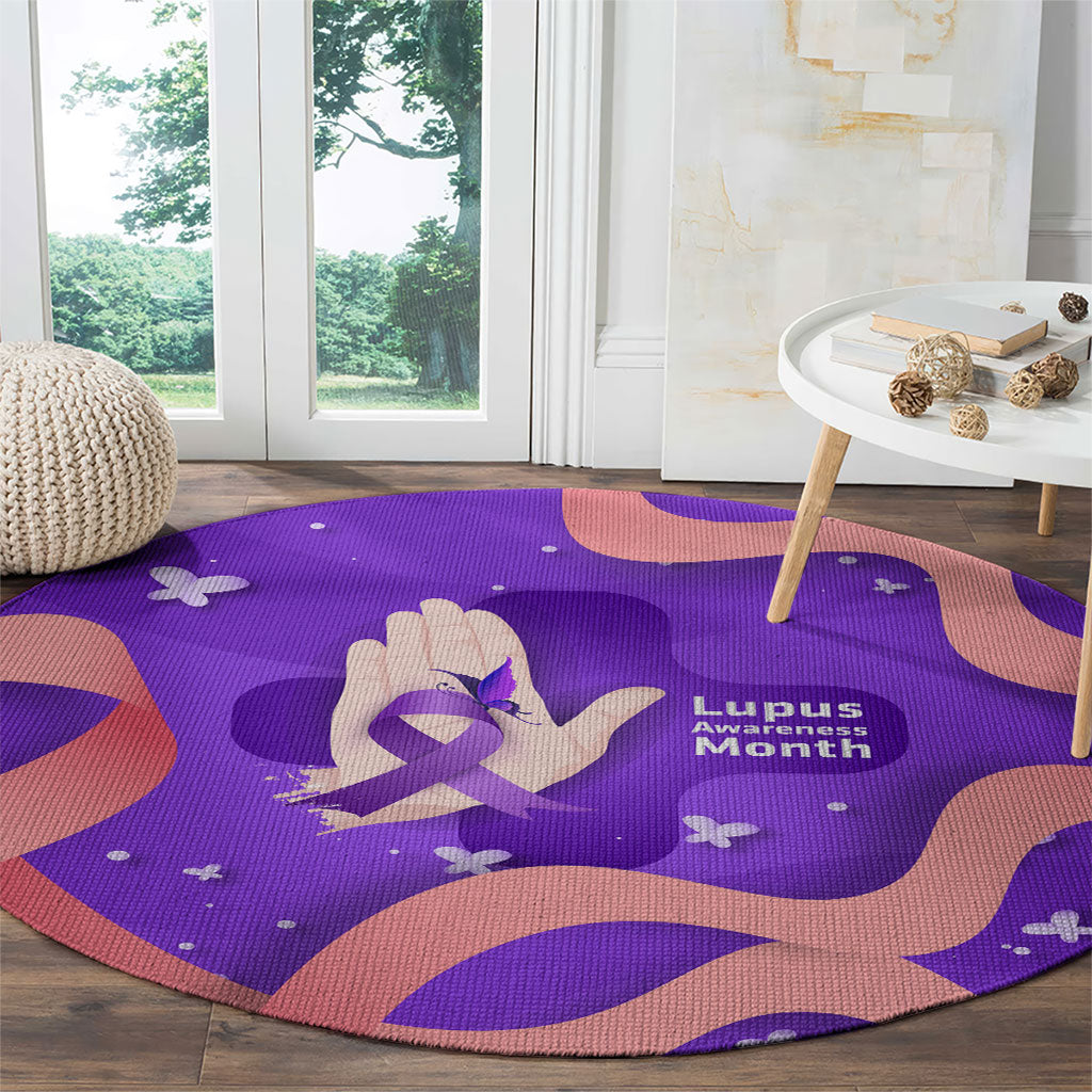 Lupus Awareness Round Carpet Her Fight Is My Fight - Purple Ribbon Butterfly Wave Style