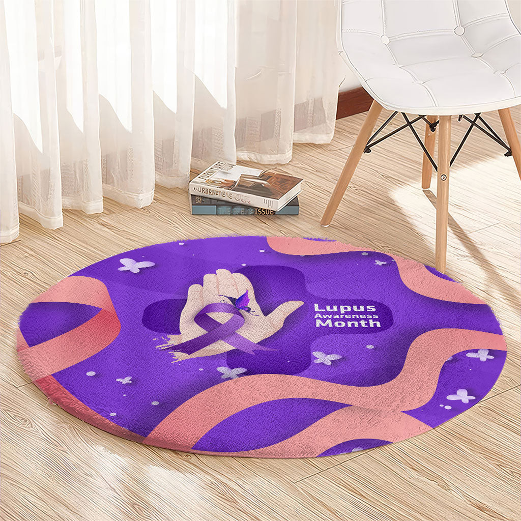 Lupus Awareness Round Carpet Her Fight Is My Fight - Purple Ribbon Butterfly Wave Style