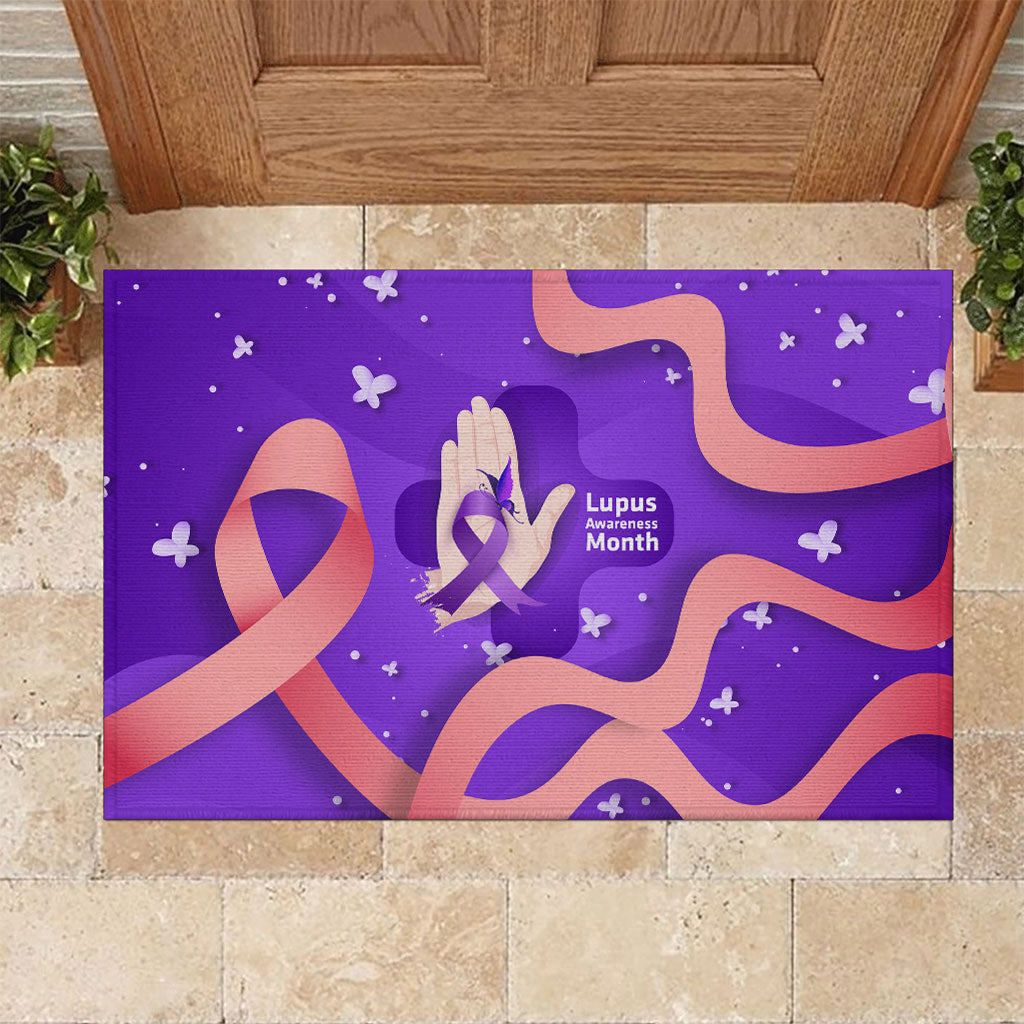 Lupus Awareness Rubber Doormat Her Fight Is My Fight - Purple Ribbon Butterfly Wave Style