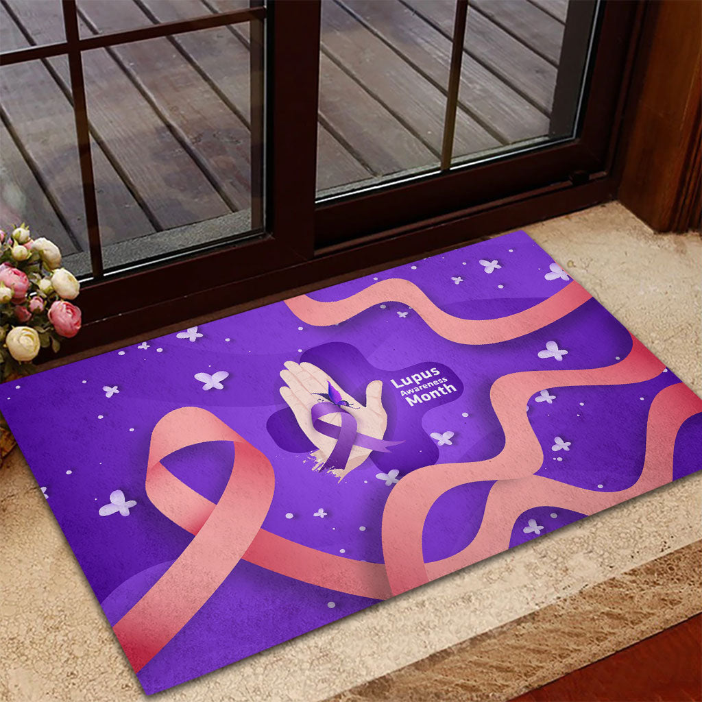 Lupus Awareness Rubber Doormat Her Fight Is My Fight - Purple Ribbon Butterfly Wave Style