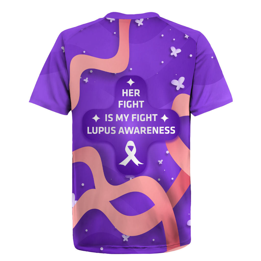 Lupus Awareness Rugby Jersey Her Fight Is My Fight - Purple Ribbon Butterfly Wave Style