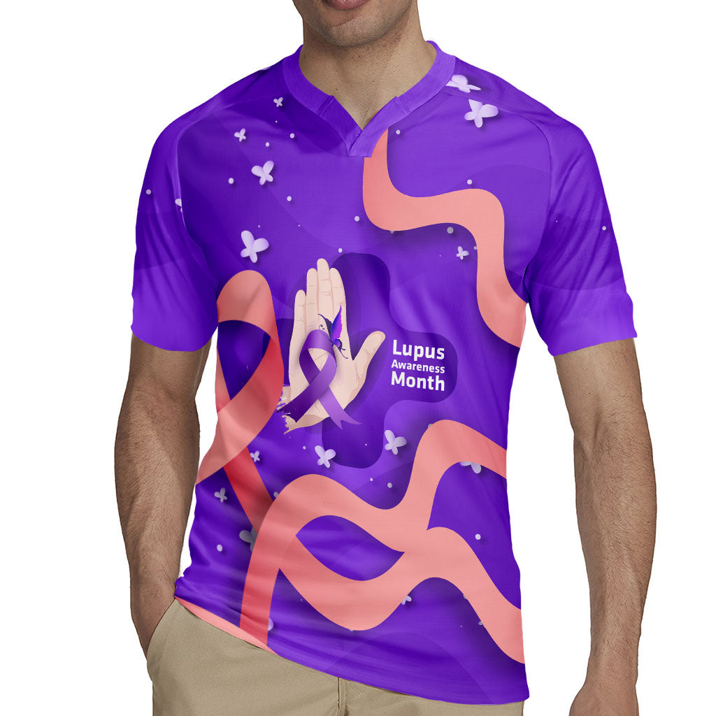 Lupus Awareness Rugby Jersey Her Fight Is My Fight - Purple Ribbon Butterfly Wave Style