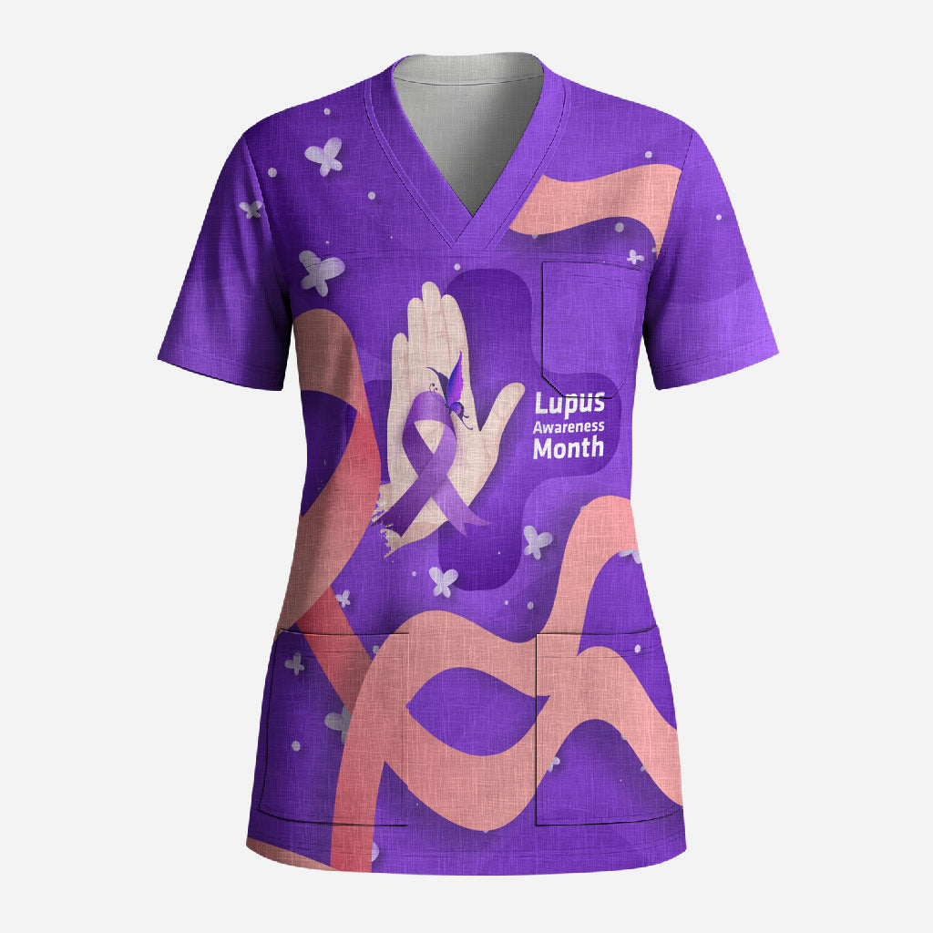 Lupus Awareness Scrub Top Her Fight Is My Fight - Purple Ribbon Butterfly Wave Style