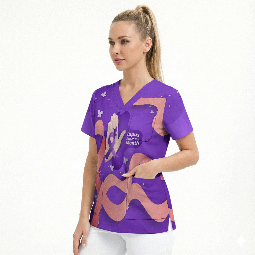 Lupus Awareness Scrub Top Her Fight Is My Fight - Purple Ribbon Butterfly Wave Style