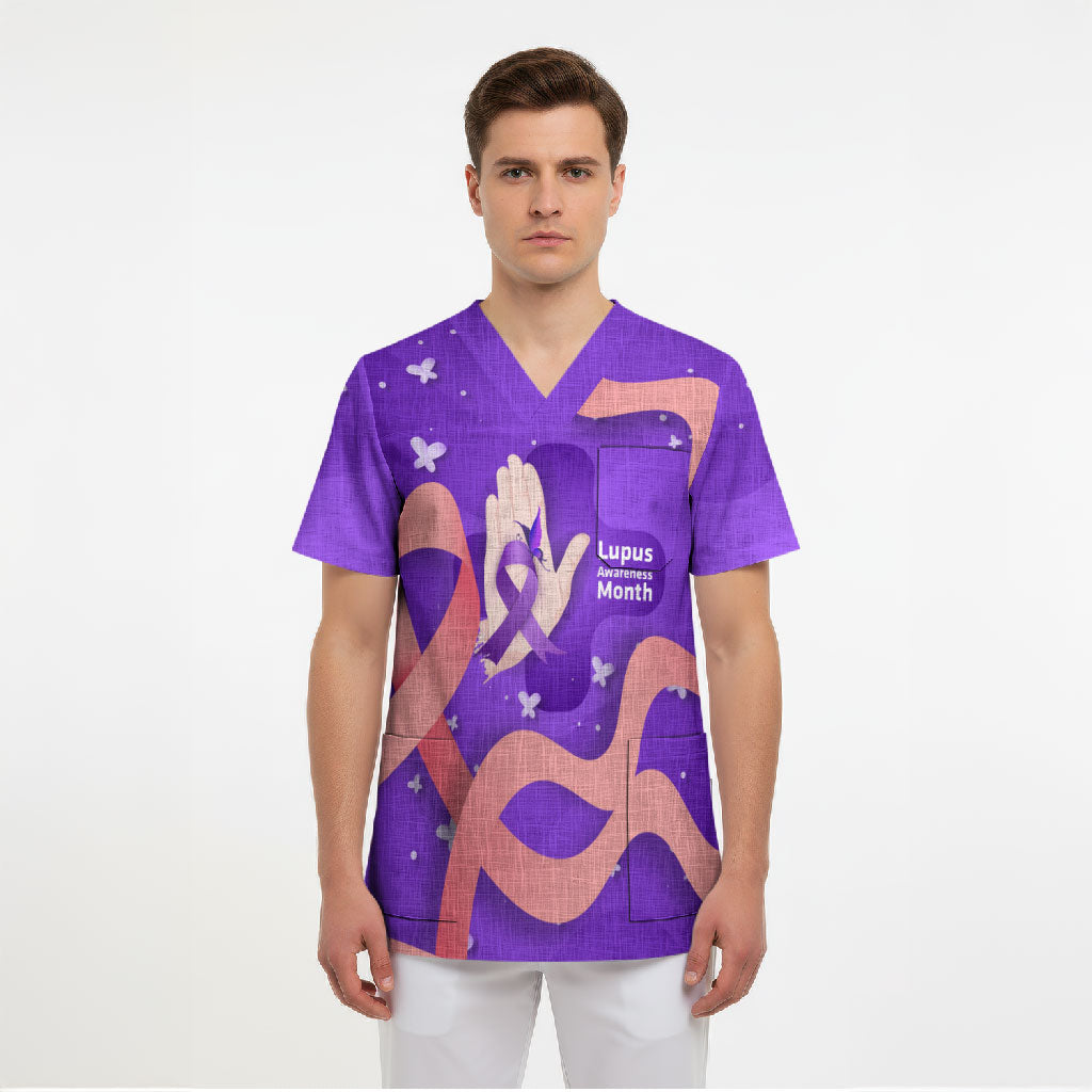 Lupus Awareness Scrub Top Her Fight Is My Fight - Purple Ribbon Butterfly Wave Style