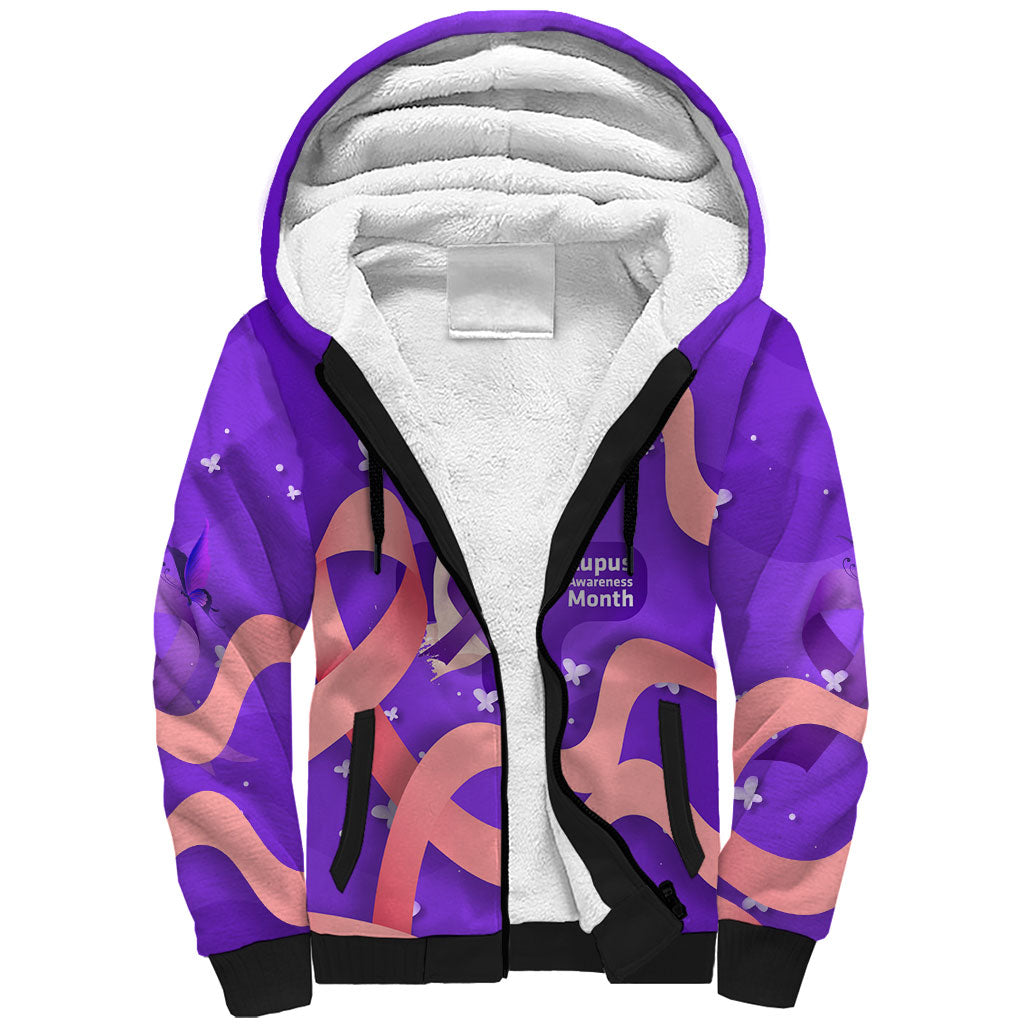 Lupus Awareness Sherpa Hoodie Her Fight Is My Fight - Purple Ribbon Butterfly Wave Style