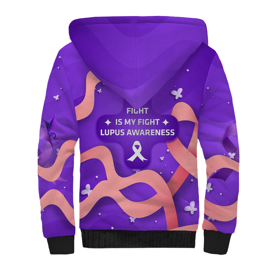 Lupus Awareness Sherpa Hoodie Her Fight Is My Fight - Purple Ribbon Butterfly Wave Style