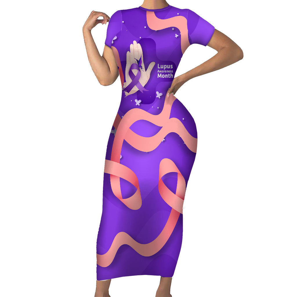 Lupus Awareness Short Sleeve Bodycon Dress Her Fight Is My Fight - Purple Ribbon Butterfly Wave Style