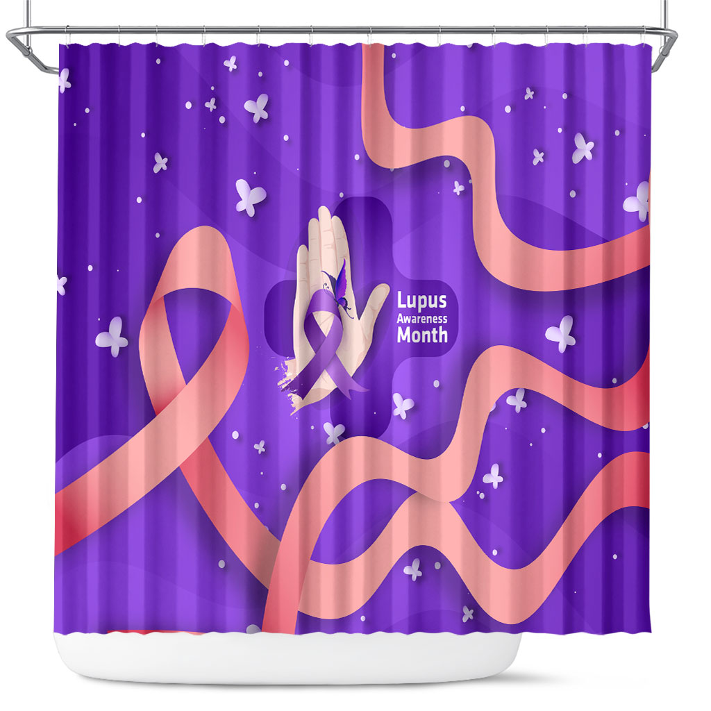 Lupus Awareness Shower Curtain Her Fight Is My Fight - Purple Ribbon Butterfly Wave Style