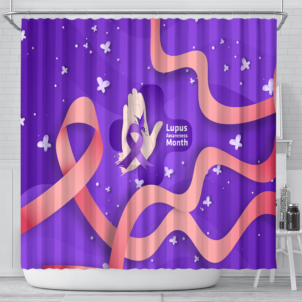 Lupus Awareness Shower Curtain Her Fight Is My Fight - Purple Ribbon Butterfly Wave Style