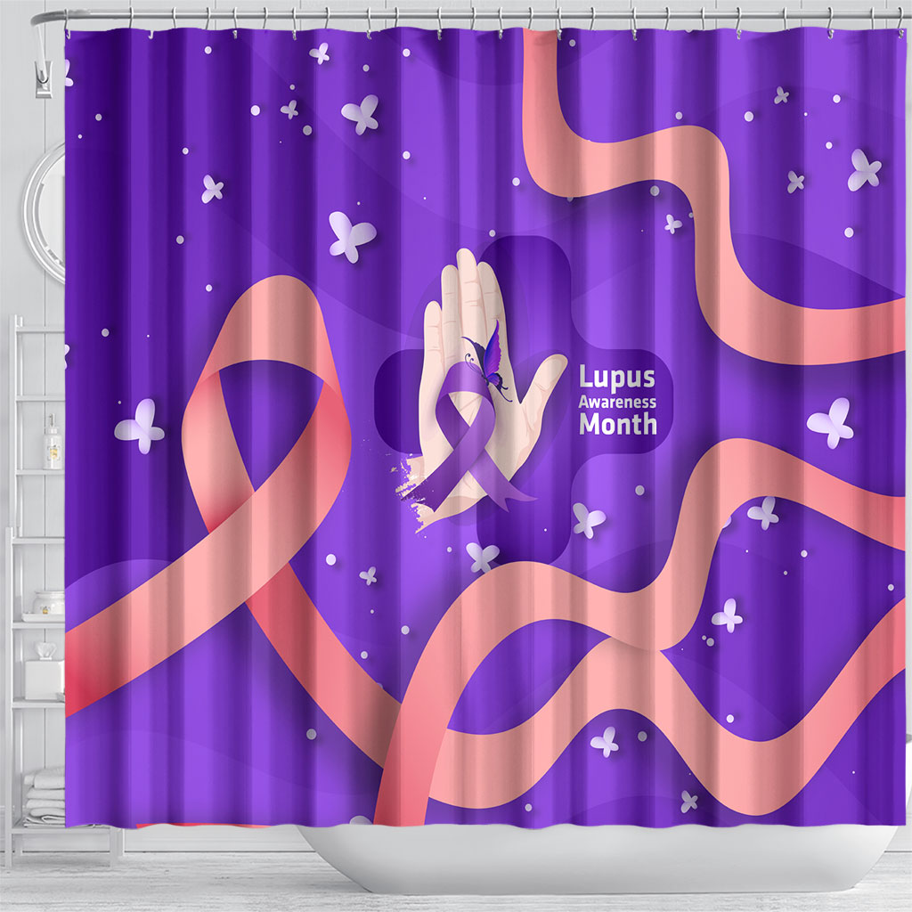 Lupus Awareness Shower Curtain Her Fight Is My Fight - Purple Ribbon Butterfly Wave Style