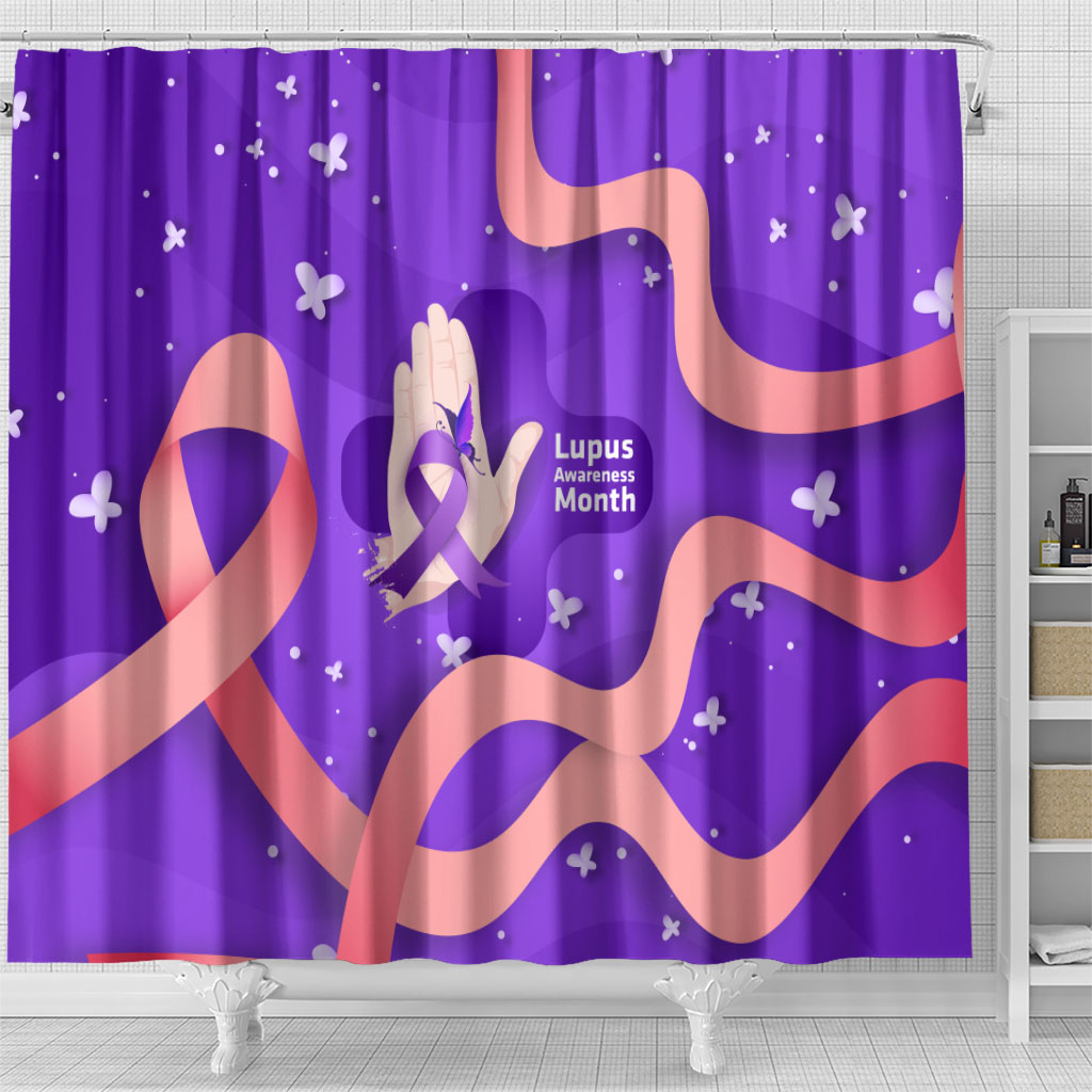 Lupus Awareness Shower Curtain Her Fight Is My Fight - Purple Ribbon Butterfly Wave Style