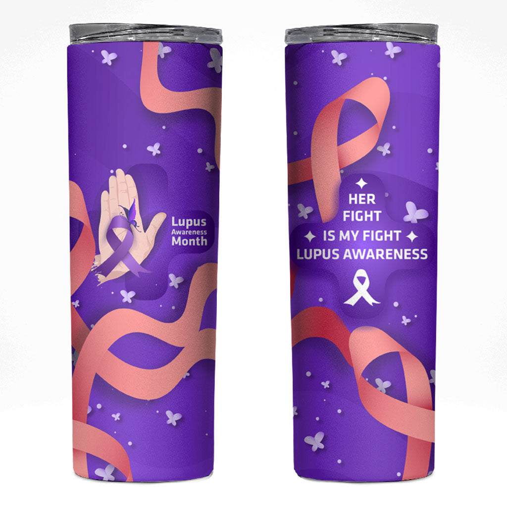 Lupus Awareness Skinny Tumbler Her Fight Is My Fight - Purple Ribbon Butterfly Wave Style