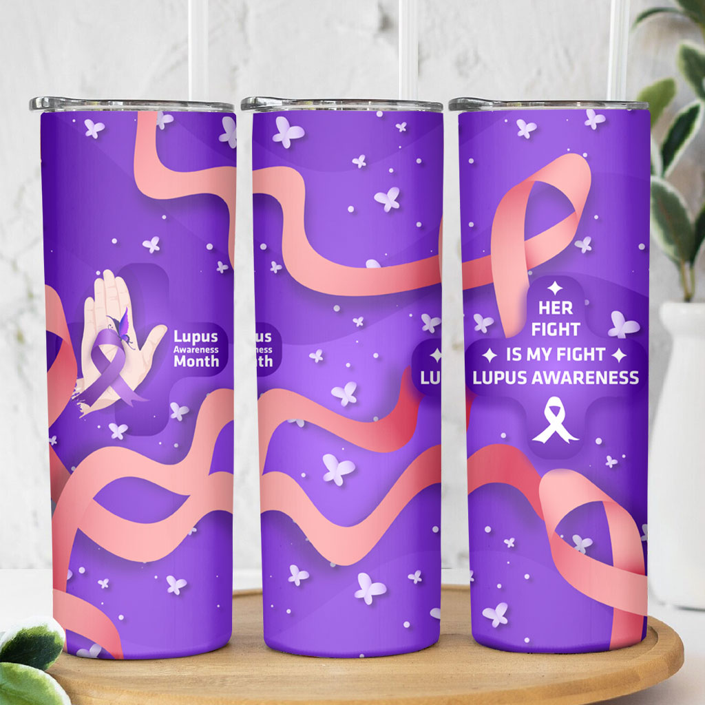 Lupus Awareness Skinny Tumbler Her Fight Is My Fight - Purple Ribbon Butterfly Wave Style
