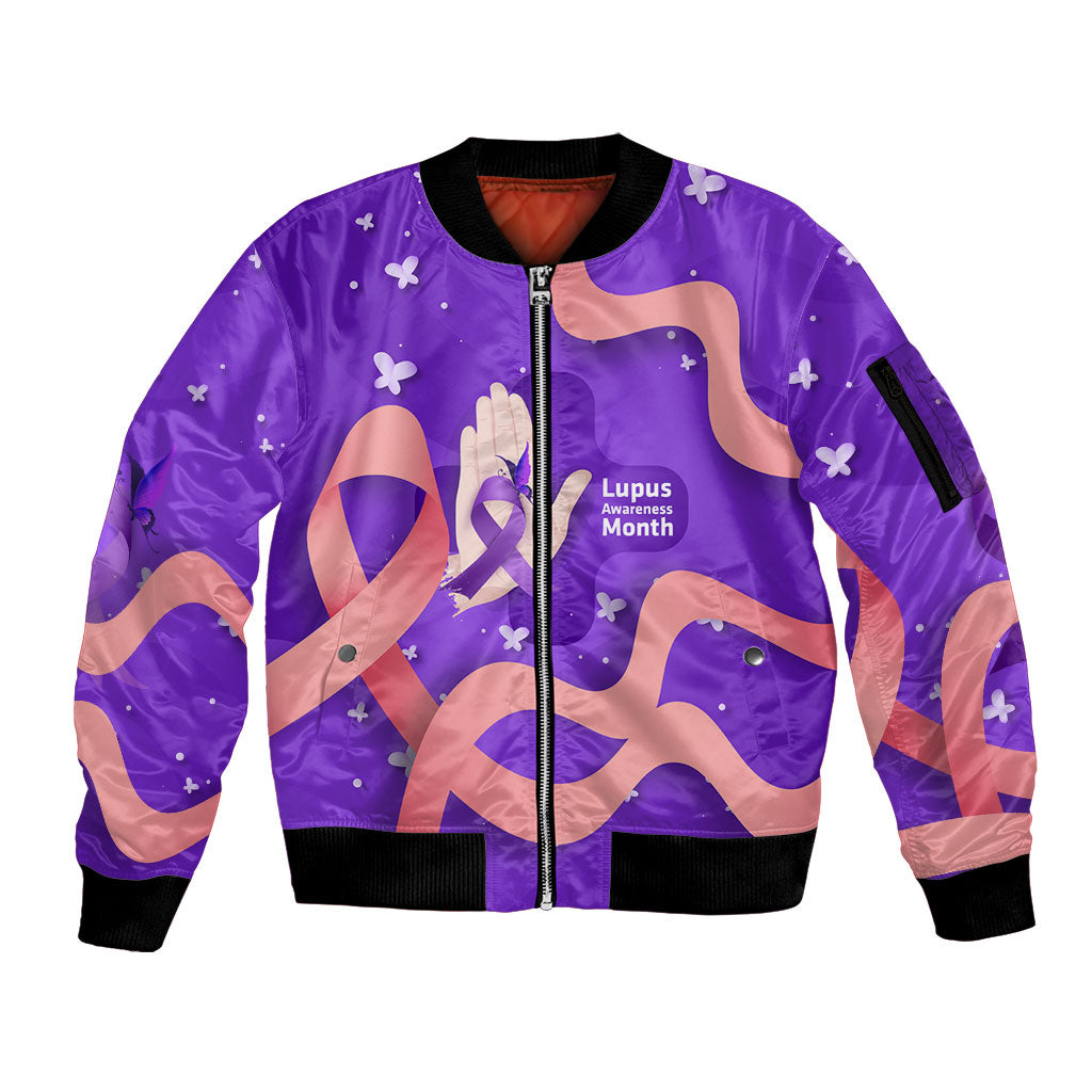 Lupus Awareness Sleeve Zip Bomber Jacket Her Fight Is My Fight - Purple Ribbon Butterfly Wave Style