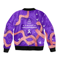 Lupus Awareness Sleeve Zip Bomber Jacket Her Fight Is My Fight - Purple Ribbon Butterfly Wave Style