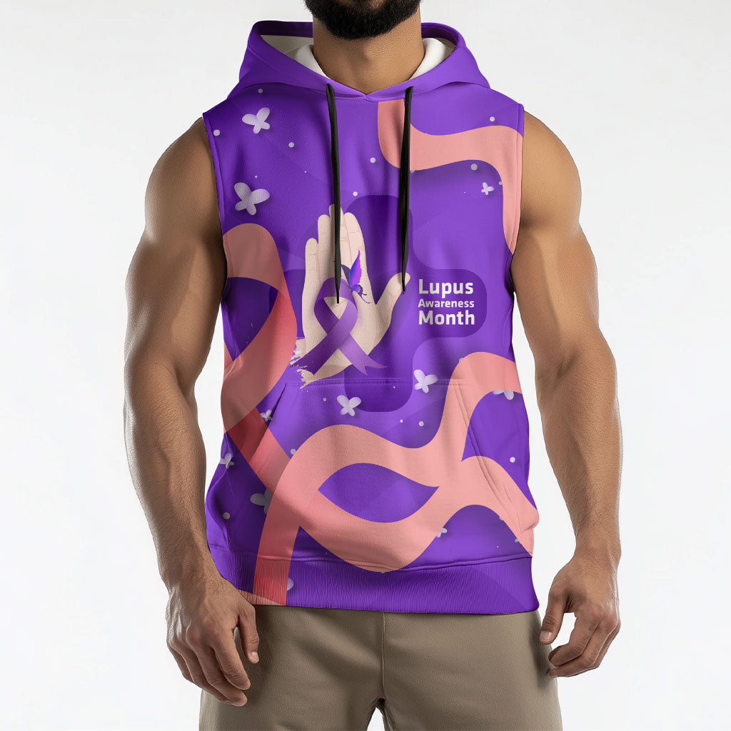 Lupus Awareness Sleeveless Hoodie Her Fight Is My Fight - Purple Ribbon Butterfly Wave Style