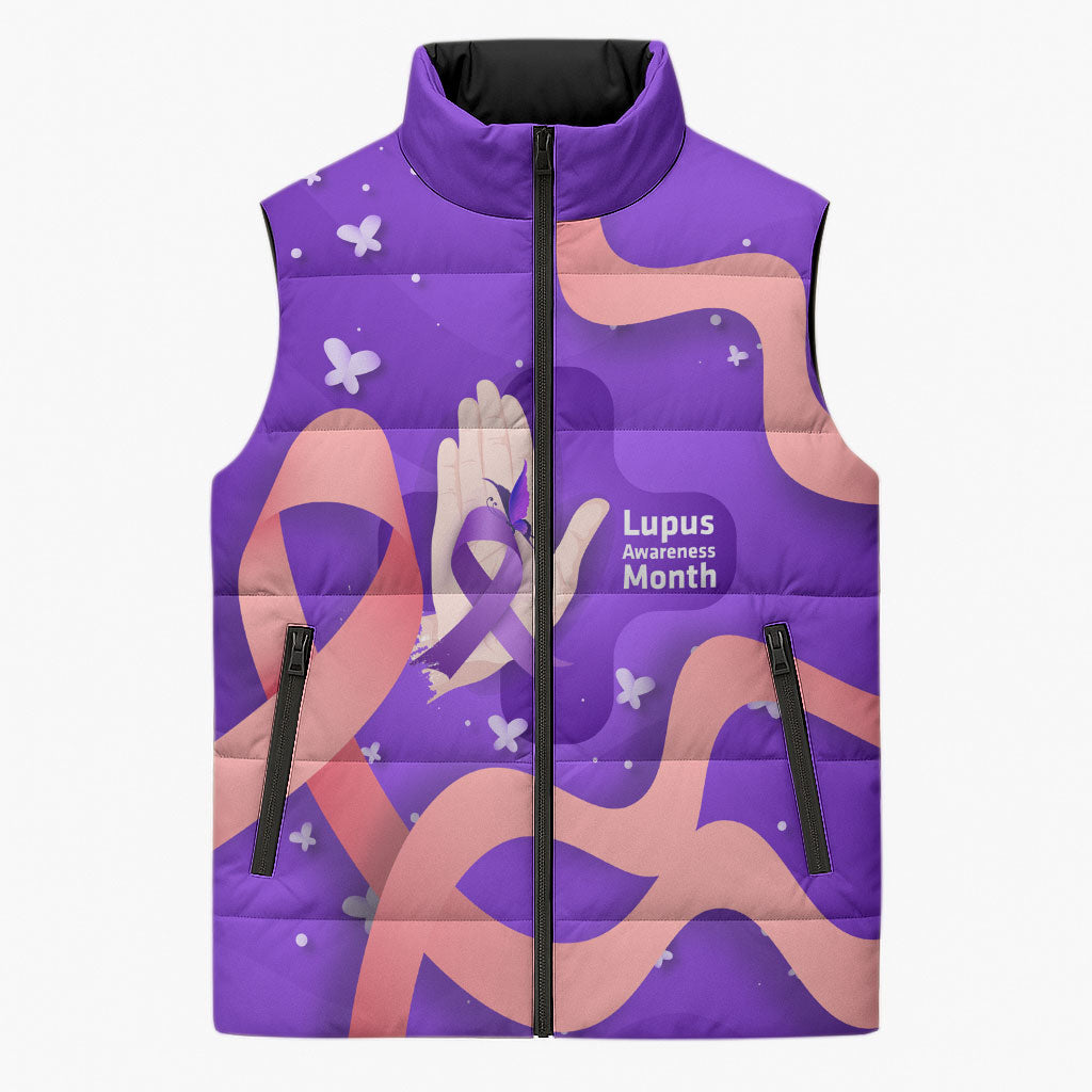Lupus Awareness Sleeveless Puffer Jacket Her Fight Is My Fight - Purple Ribbon Butterfly Wave Style