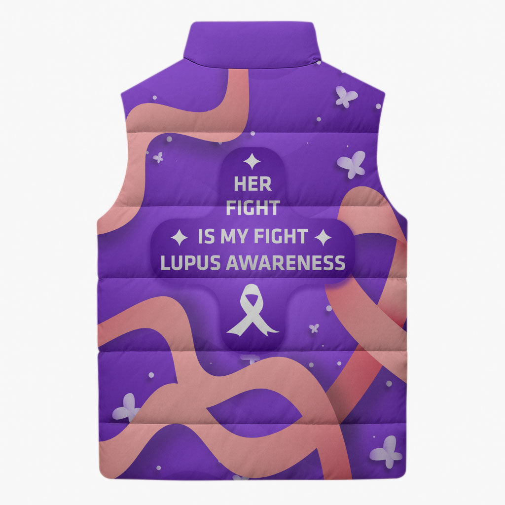 Lupus Awareness Sleeveless Puffer Jacket Her Fight Is My Fight - Purple Ribbon Butterfly Wave Style