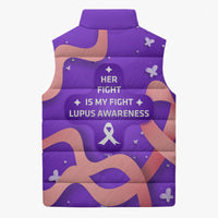 Lupus Awareness Sleeveless Puffer Jacket Her Fight Is My Fight - Purple Ribbon Butterfly Wave Style