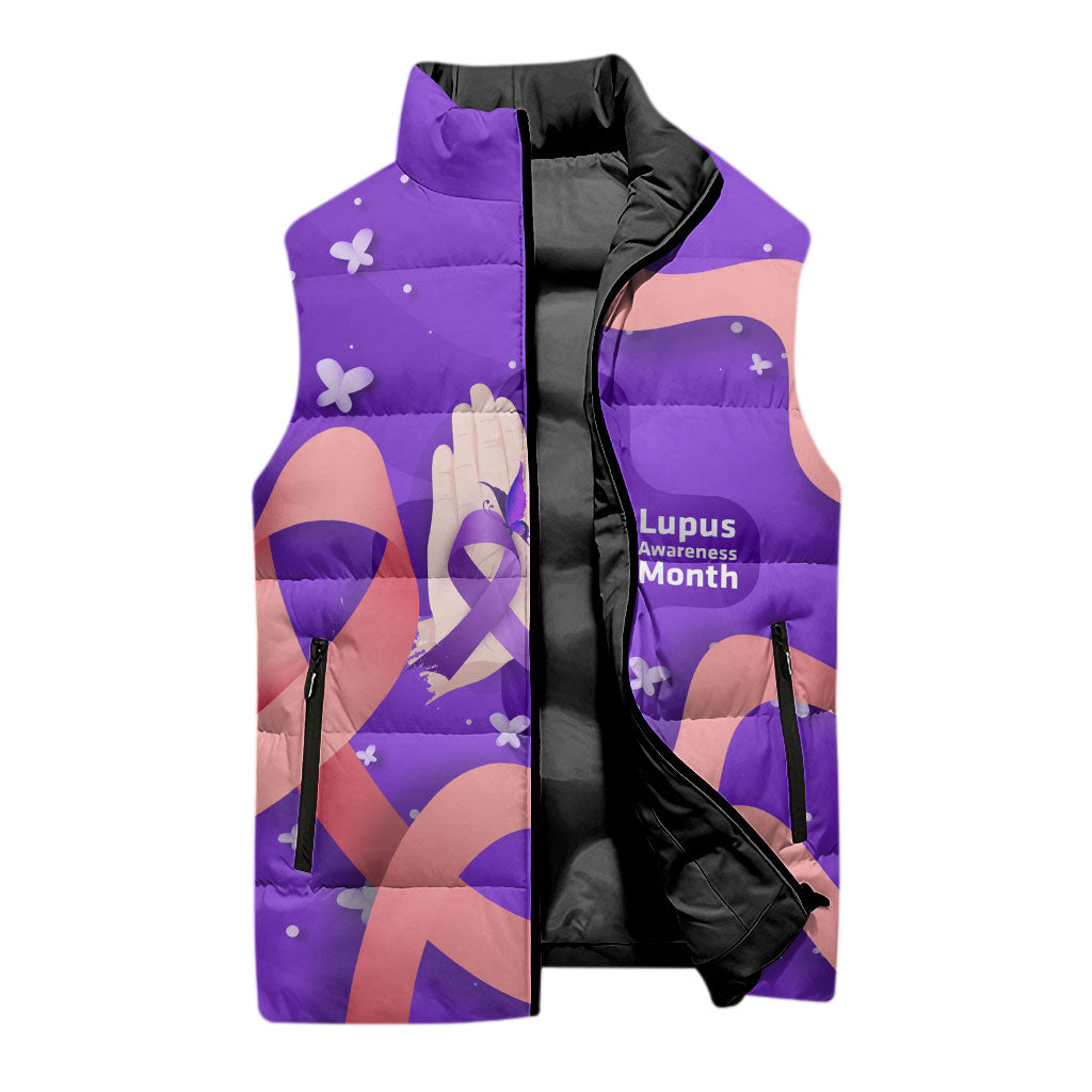 Lupus Awareness Sleeveless Puffer Jacket Her Fight Is My Fight - Purple Ribbon Butterfly Wave Style
