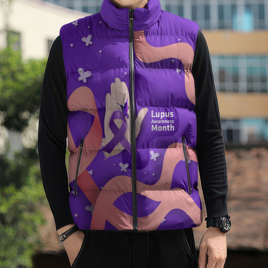 Lupus Awareness Sleeveless Puffer Jacket Her Fight Is My Fight - Purple Ribbon Butterfly Wave Style