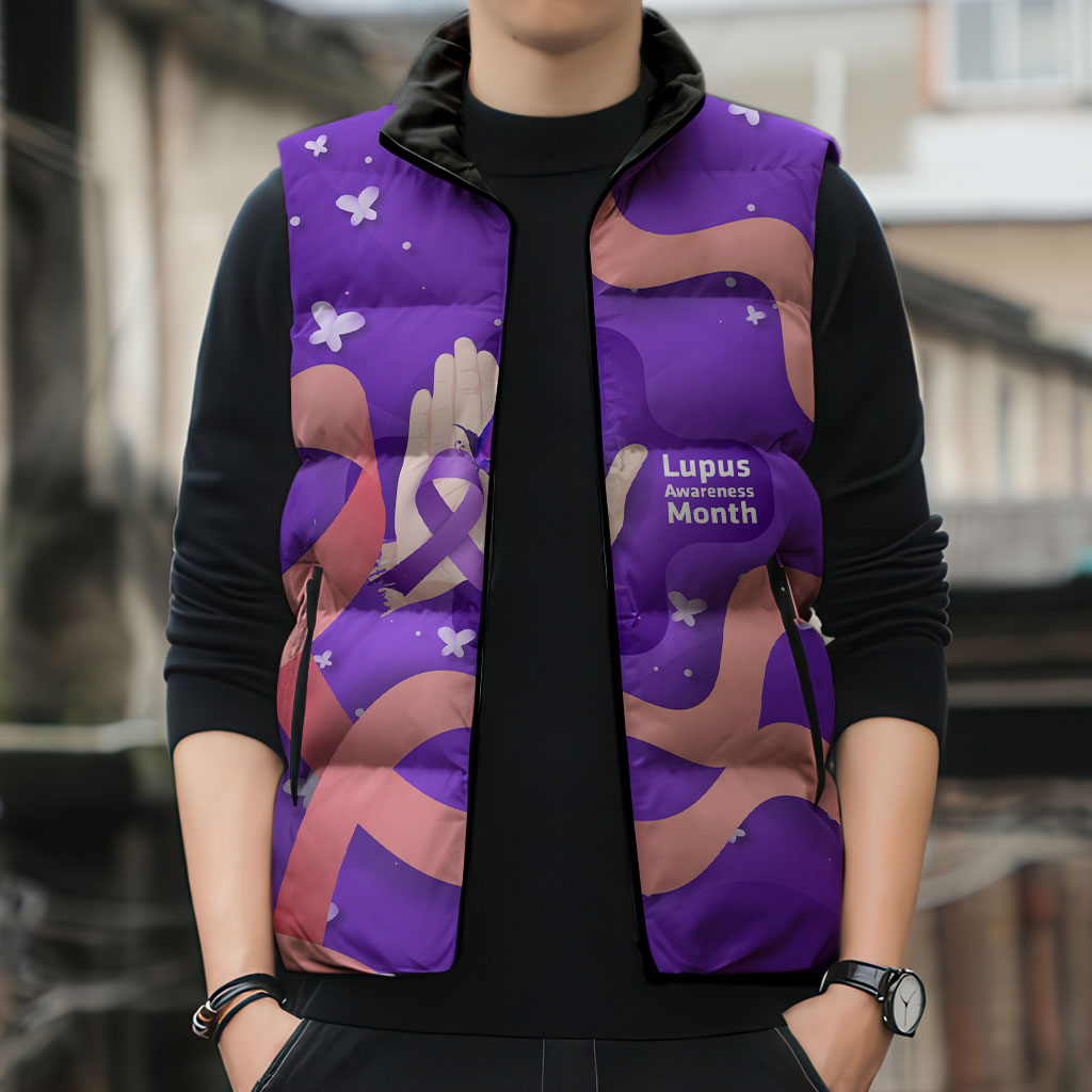 Lupus Awareness Sleeveless Puffer Jacket Her Fight Is My Fight - Purple Ribbon Butterfly Wave Style