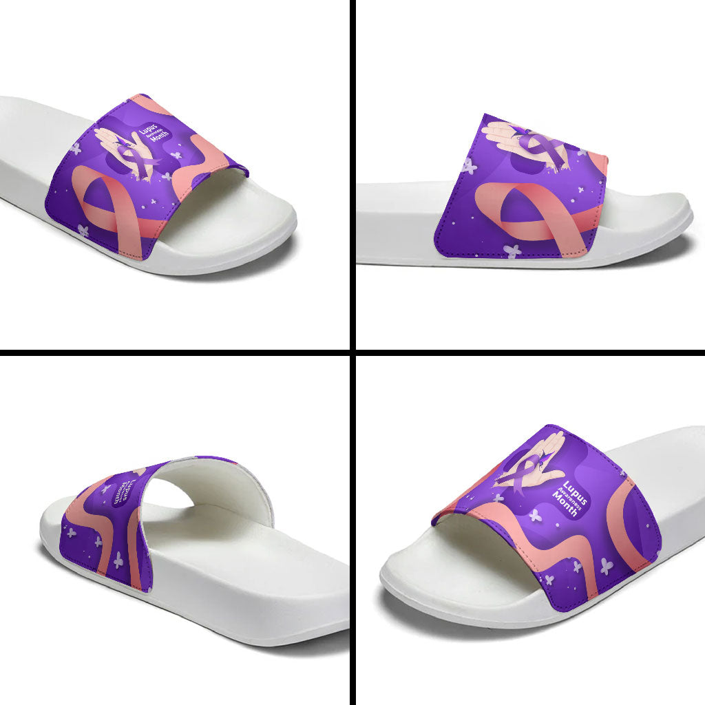 Lupus Awareness Slide Sandals Her Fight Is My Fight - Purple Ribbon Butterfly Wave Style