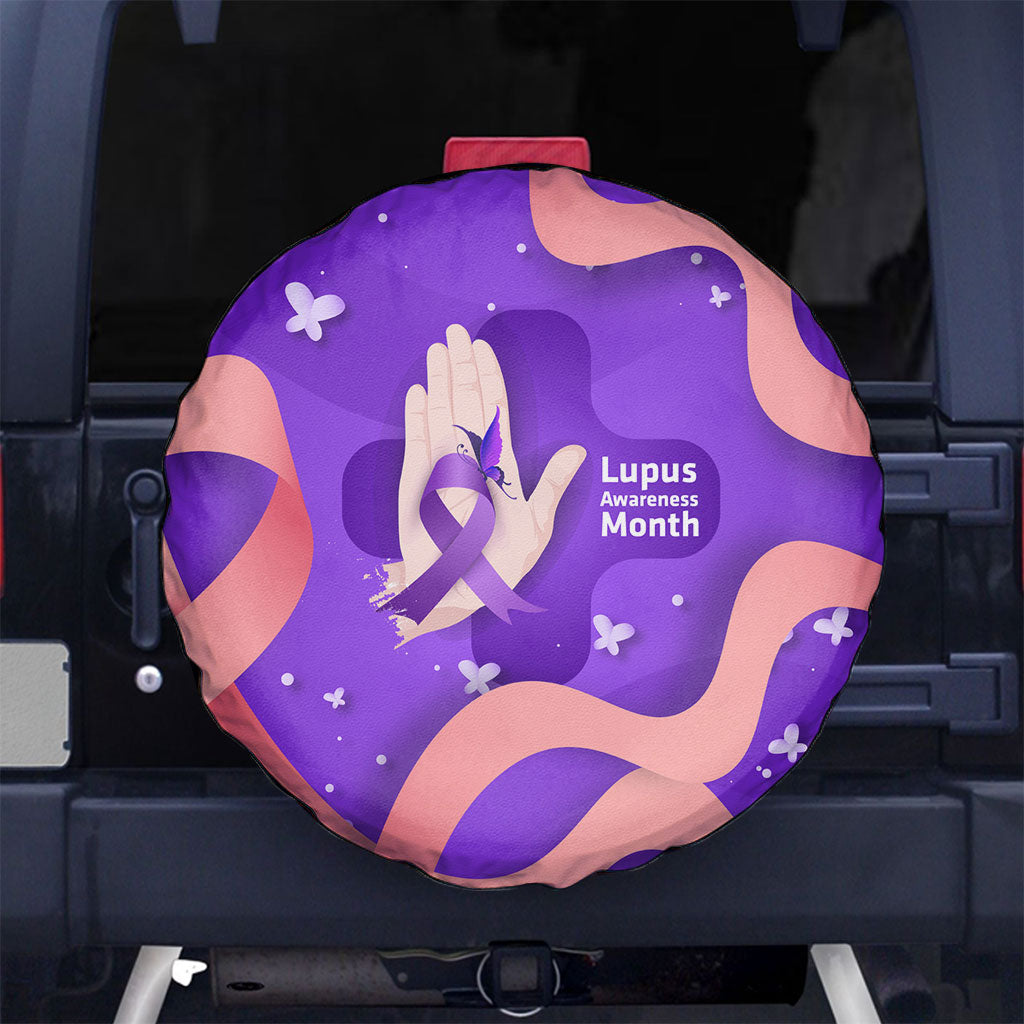 Lupus Awareness Spare Tire Cover Her Fight Is My Fight - Purple Ribbon Butterfly Wave Style