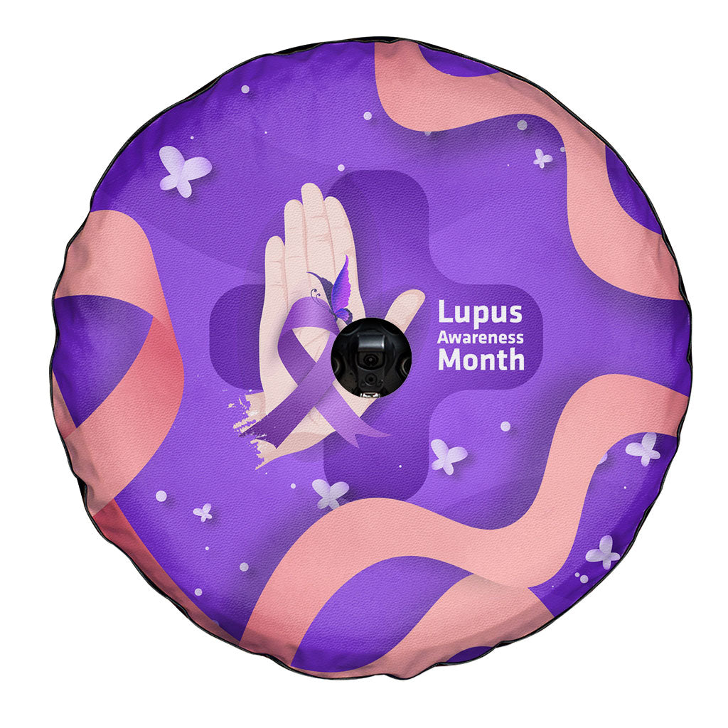 Lupus Awareness Spare Tire Cover Her Fight Is My Fight - Purple Ribbon Butterfly Wave Style