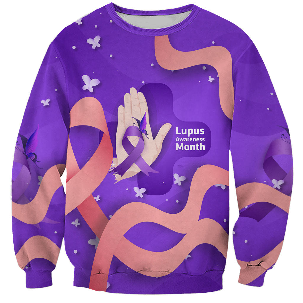 Lupus Awareness Sweatshirt Her Fight Is My Fight - Purple Ribbon Butterfly Wave Style