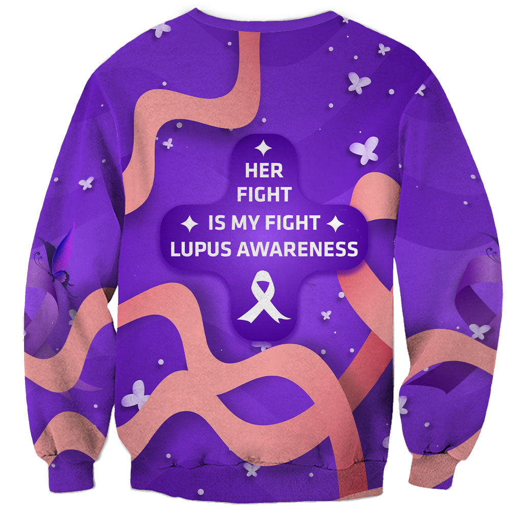 Lupus Awareness Sweatshirt Her Fight Is My Fight - Purple Ribbon Butterfly Wave Style