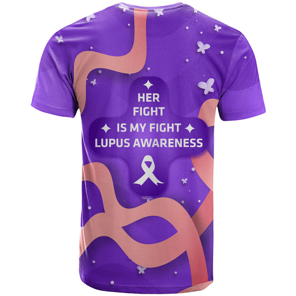 Lupus Awareness T Shirt Her Fight Is My Fight - Purple Ribbon Butterfly Wave Style