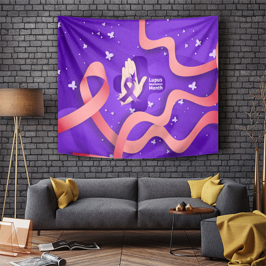 Lupus Awareness Tapestry Her Fight Is My Fight - Purple Ribbon Butterfly Wave Style