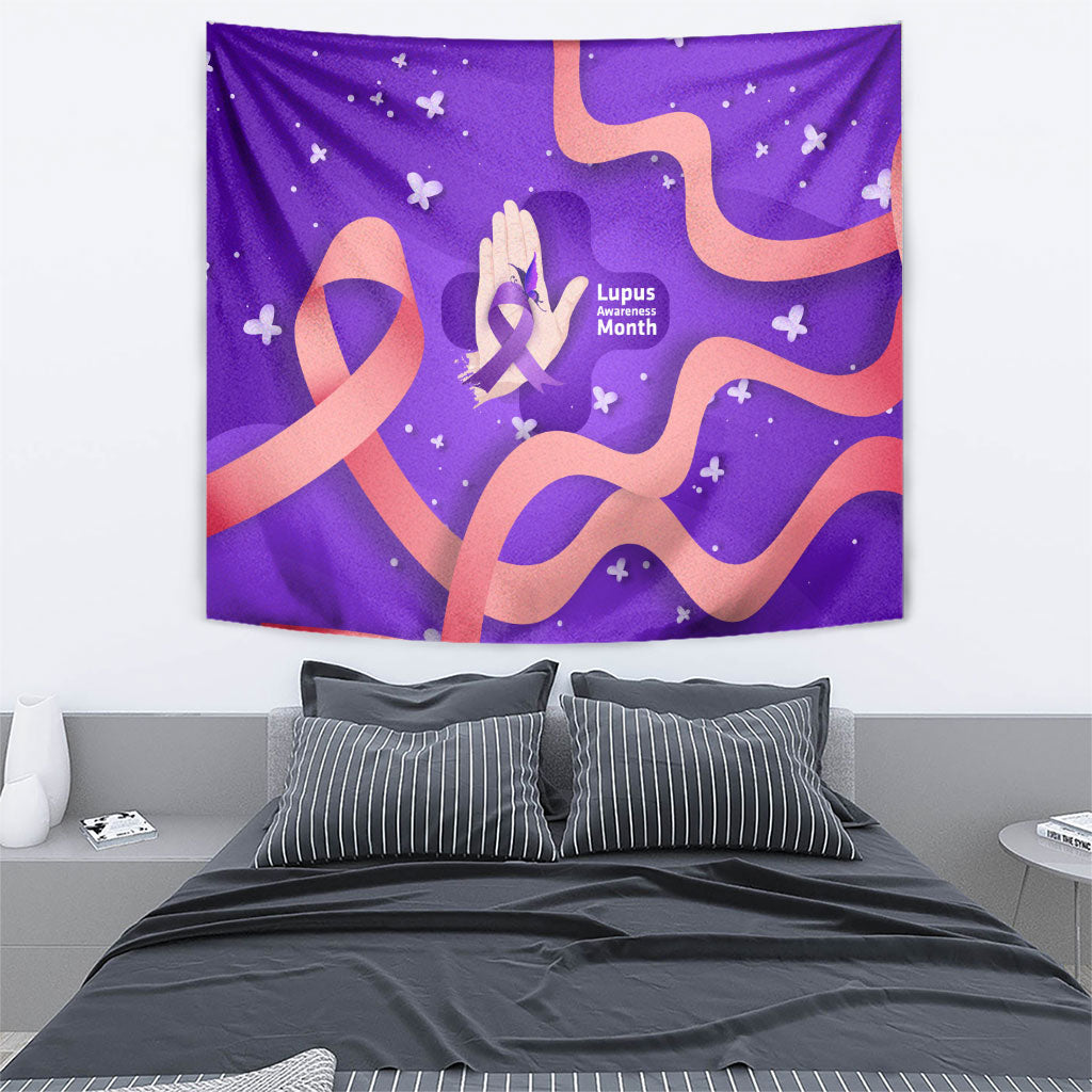 Lupus Awareness Tapestry Her Fight Is My Fight - Purple Ribbon Butterfly Wave Style